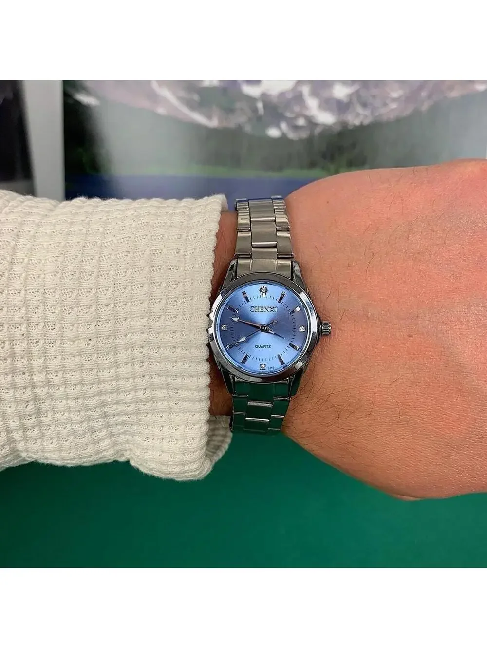 Silver Classy Quartz Round Light Blue Stainless Steel Watch. Stainless steel